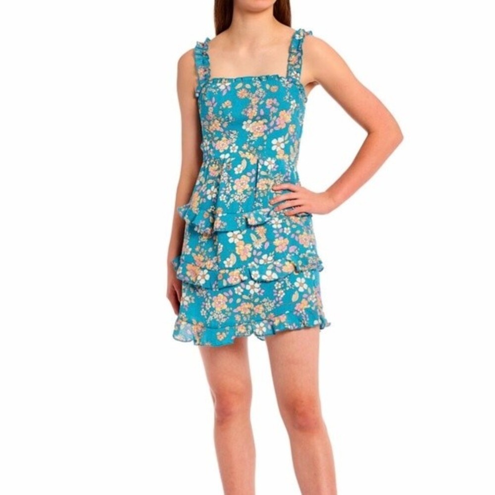 CITY STUDIO DRESS SIZE XL DAY BLUE (AQUA)SLEEVELESS FLORAL RUFFLE TIE BACK LINED